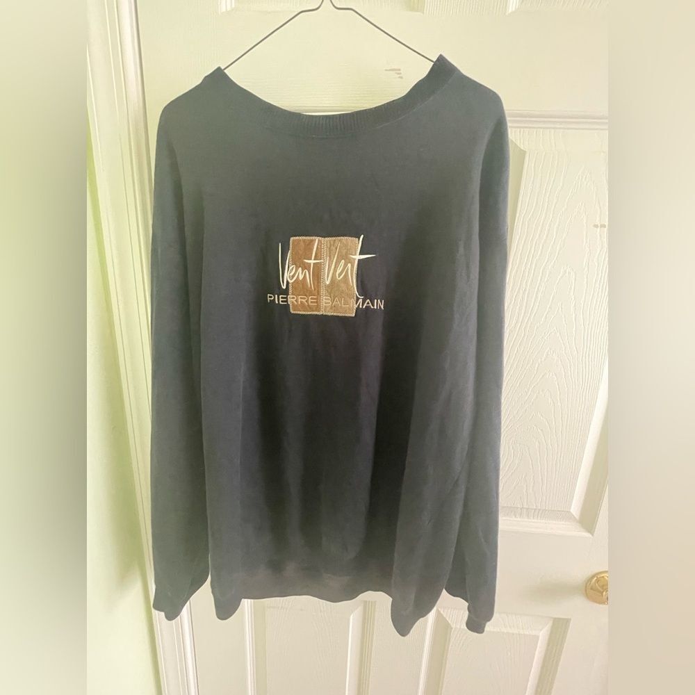 Pierre Balmain Pullover Sweater - Large  - Vintage Office Sweater - Blue Cream
